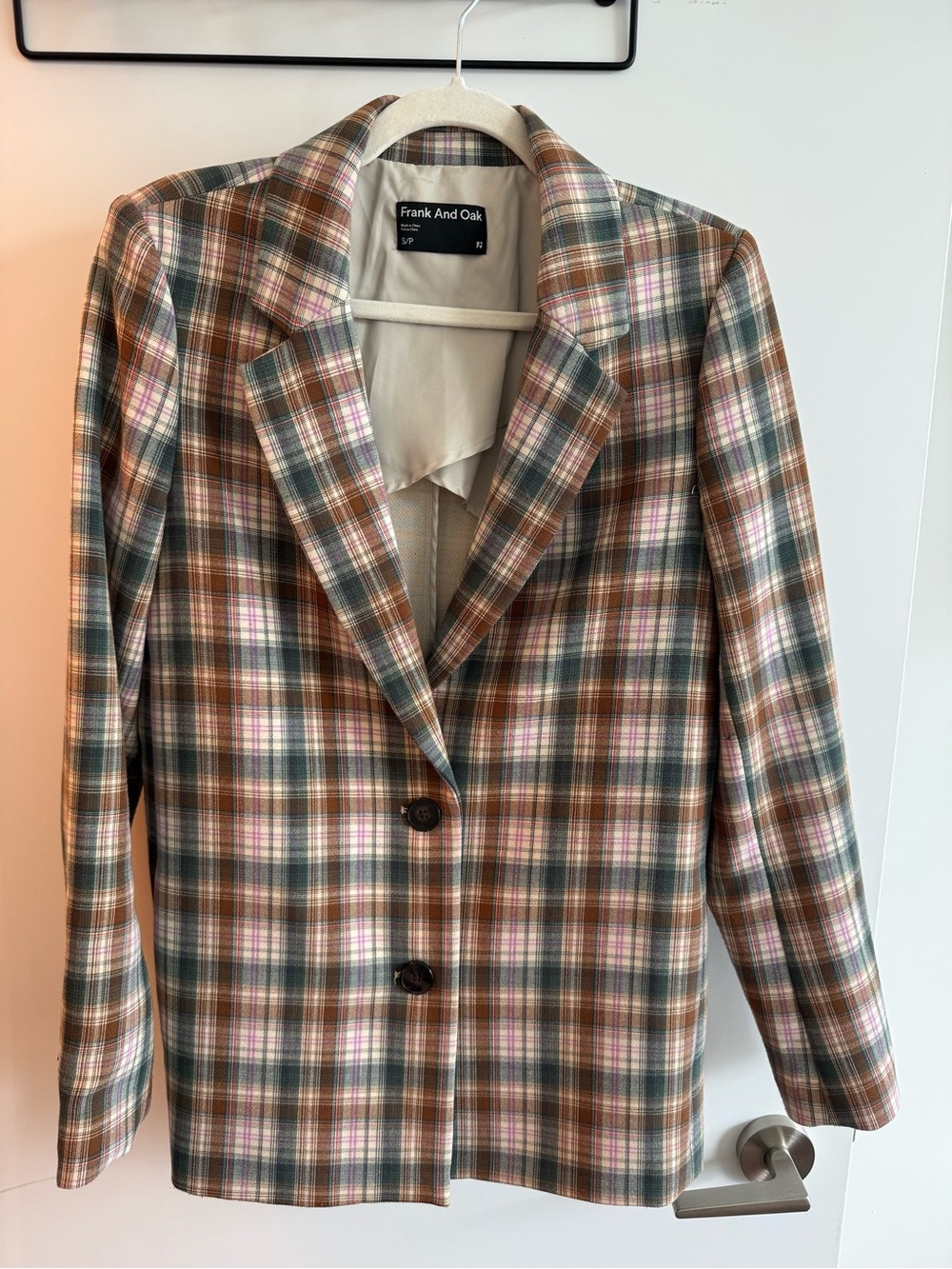Frank & Oak Plaid Blazer in Pink, Brown & Green Tones